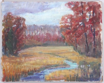 Julia M. Wickham (American 1866-1952), Landscape with Field, Stream and Trees, oil on canvas