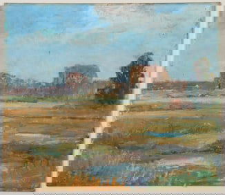 Julia M. Wickham (American 1866-1952), Landscape with Fields and Marsh, oil on canvasboard