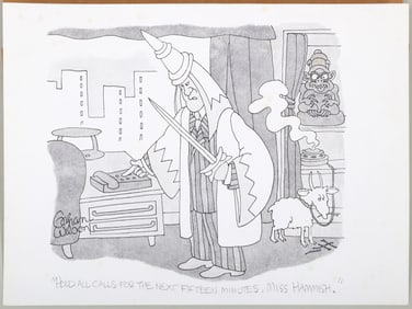 Gahan Wilson (American 1930-2019), New Yorker Cartoon: "Please Hold My Calls for the Next Fifteen