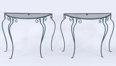 Pair of Wrought Iron Demilune Console Tables