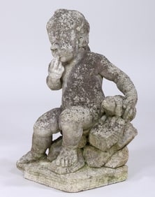 Carved Limestone Boy with Dog