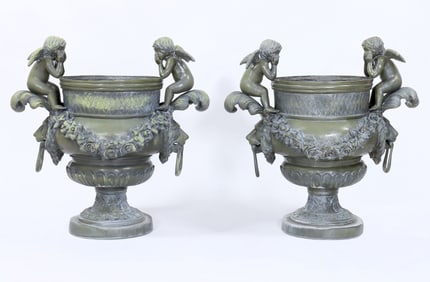 Pair of Patinated Bronze Figural Garden Urns