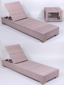 Pair of Faux Rattan Patio Chaise Lounges and Side Table