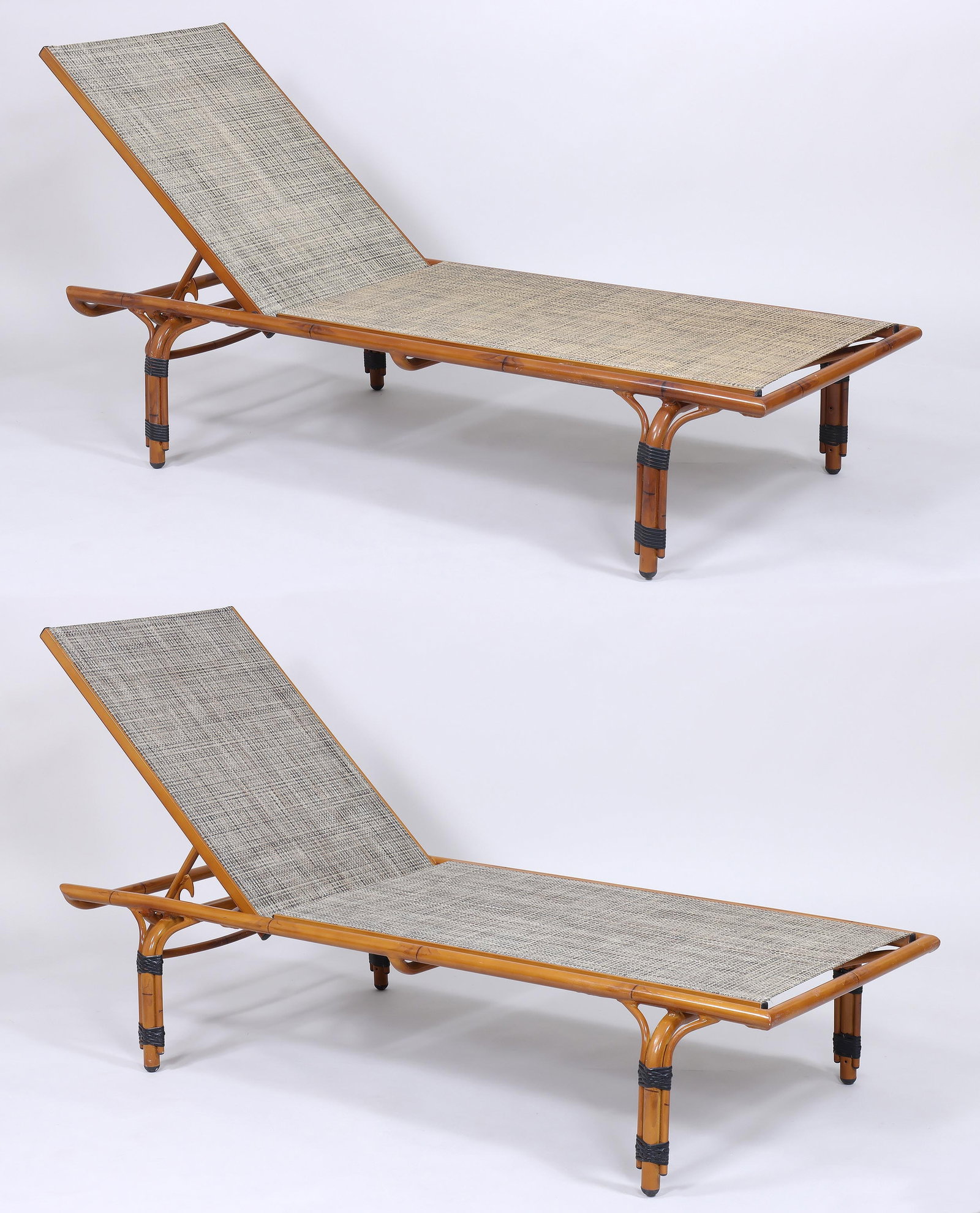 Pair of Faux Bamboo Chaise Lounges: Pair of Faux Bamboo Chaise Loungesfaux bamboo painted aluminum, with woven faux rattan seats.42 1/2 x 29 1/2 x 77 1/4 in. (108 x 74.9 x 196.2 cm.)