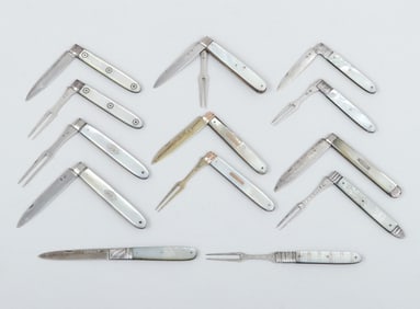 Group of (7) folding travel cutlery sets, two assembled, with mother-of-pearl handles, mid-19th