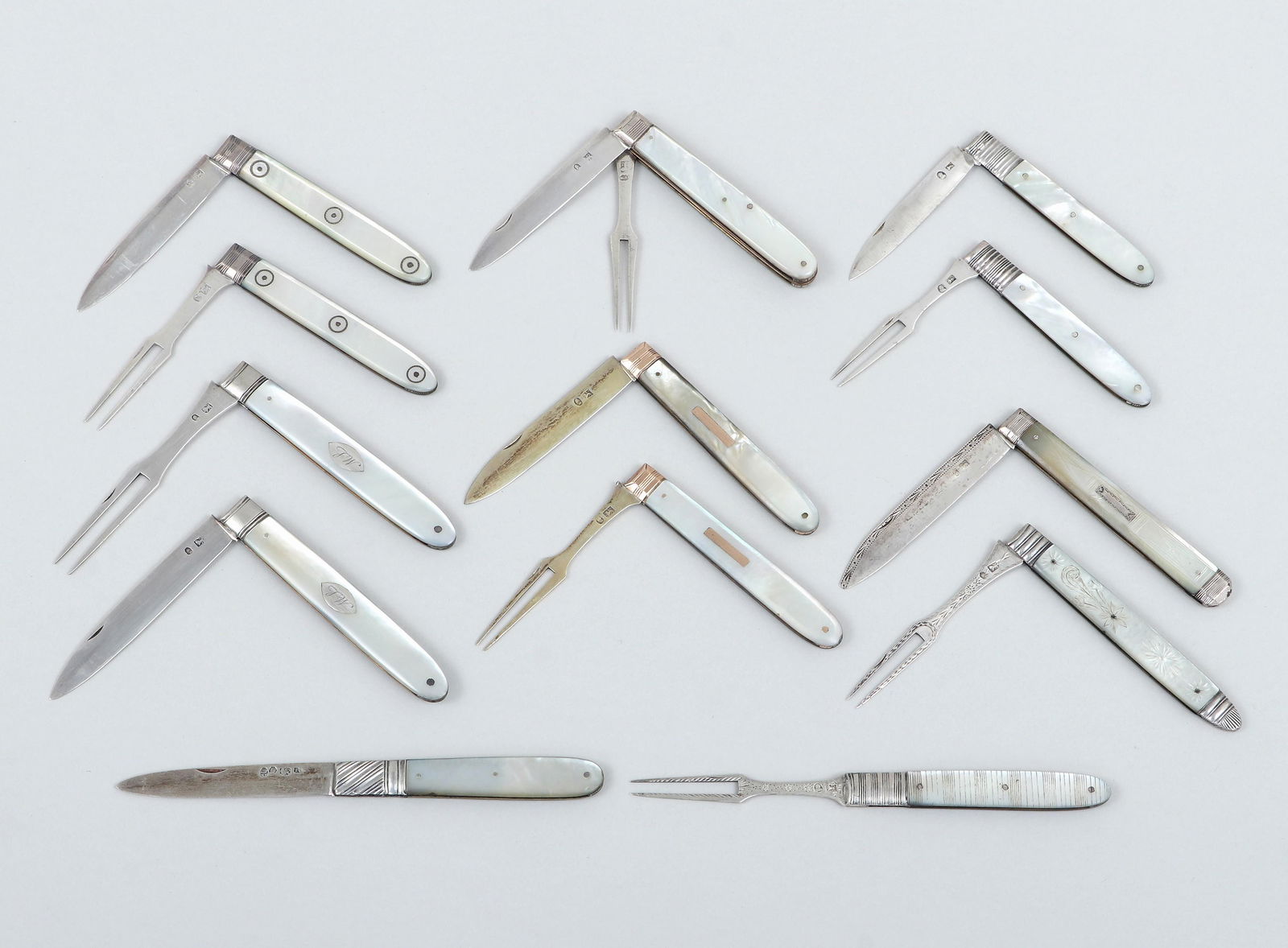 Group of (7) folding travel cutlery sets, two assembled, with mother-of-pearl handles, mid-19th (1 of 16)