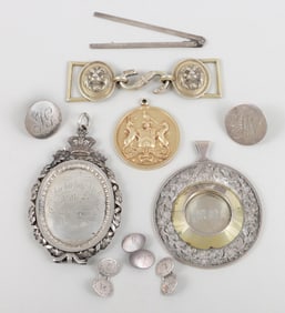 Group of (9) various English silver items: belt buckle, cufflinks, buttons, badges, etc.