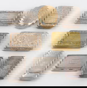 Group of (8) English sterling and silver-gilt snuff boxes.: Group of (8) English sterling and silver-gilt snuff boxes.To include: 1.) An oval silver gilt hinged box with fanciful scrollwork motifs, fully marked inside base and with lion passant inside lid, &qu