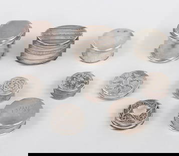 Group of (8) English small silver snuff boxes.: Group of (8) English small silver snuff boxes.Most of round form, to include: 1.) Queen Anne small round box having cover with repousse profile of Queen Anne, Thomas Kedder, London, circa 1720, bottom