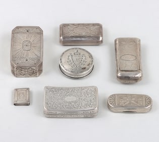 Group of (7) George III sterling silver snuff boxes.