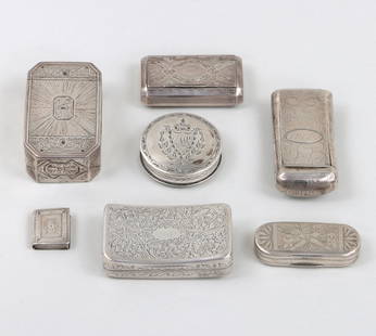 Group of (7) George III sterling silver snuff boxes.: Group of (7) George III sterling silver snuff boxes.Birmingham, most with gilt interiors, to include: (2) boxes by Samuel Pemberton, one octagonal box, 1788, decorated with engraved floral designs, en