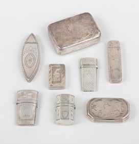 Group of (8) Georgian snuff boxes, compacts and a perfume container.