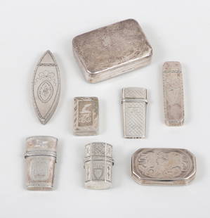 Group of (8) Georgian snuff boxes, compacts and a perfume container.: Group of (8) Georgian snuff boxes, compacts and a perfume container.Birmingham, 1785-1811, Samuel Pemberton, Joseph Willmore, Thomas Willmore, to include: 1.) Octagonal hinged sterling box with bright