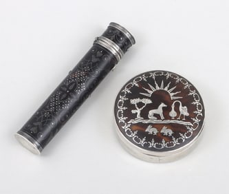 Group of (2): An English mid-18th century allegorical silver circular box and a delicate silver