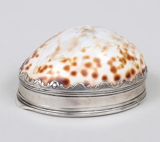 18th century English silver mounted cowrie shell box, maker "WS".