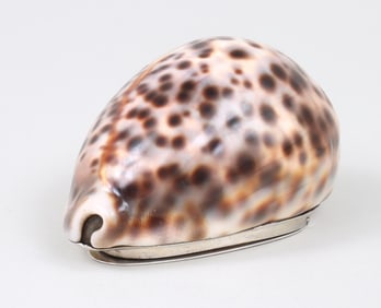 Silver mounted cowrie shell box, maker "RH", 2nd half 18th century.