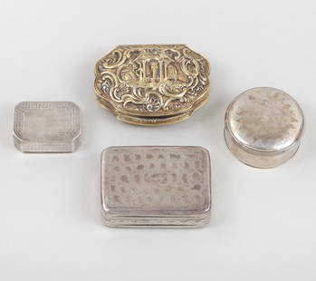 Group of (4) Irish and Scottish Georgian silver snuff boxes.: Group of (4) Irish and Scottish Georgian silver snuff boxes.To include: Irish round silver box, Aeneas Ryan, Dublin, late 18th/early 19th century, having removeable lid with engraved sunburst and gold