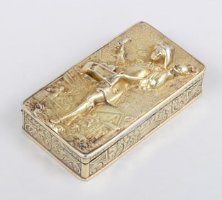 Georgian sterling silver gilt snuff box with wine peddler.