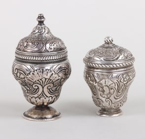 Group of (2) Georgian silver urn-form nutmeg graters.