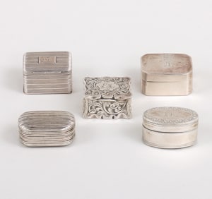 Group of (5) English nutmeg graters in sterling silver cases, Birmingham, 19th century.