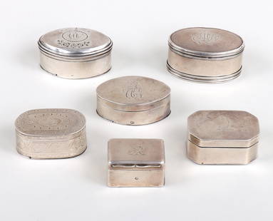 Group of (6) Georgian nutmeg graters in sterling silver cases.: Group of (6) Georgian nutmeg graters in sterling silver cases.London, all having pierced metal grates and sterling silver cases with hinged lids and hinged bases, to include: (3) George III graters by
