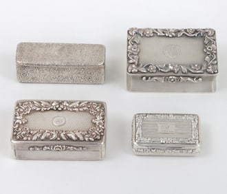 Group of (4) Georgian and Victorian sterling silver presentation snuff boxes.