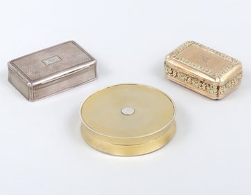 Group of (3) Georgian sterling silver engine-turned presentation snuff boxes.