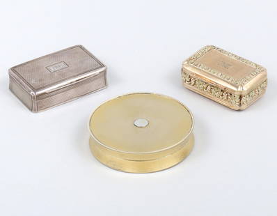 Group of (3) Georgian sterling silver engine-turned presentation snuff boxes.: Group of (3) Georgian sterling silver engine-turned presentation snuff boxes.London, early 19th century, to include: George III gilt rectangular box, Thomas Pemberton & Robert Mitchell, 1813, with gra
