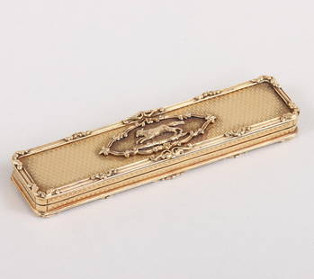 18k gold snuff box with hunt scene.: 18k gold snuff box with hunt scene.Imported to France, probably Marseilles, in 1893 or later, having engine-turned exterior with applied decoration, the hinged lid having scalloped cartouche with scro