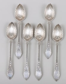 Very rare set of (6) American fluted bright-cut teaspoons, Thomas Emery, Boston, circa 1785-90.