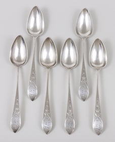 Set of (6) pristine bright-cut teaspoons, Charles Parkman, Boston, circa 1795-1800.