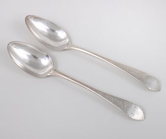 Fine pair of scrollback tablespoons, Caleb Beal, MA, circa 1785-90.