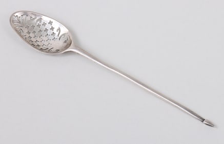English 18th century mote spoon overstruck by Wood & Hughes, New York City.