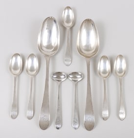 Group of (9) New York City spoons, John Burt Lyng & John Vernon, 1775-1790.