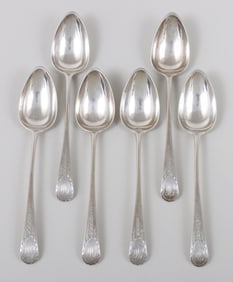 Set of (6) bright-cut dessert spoons, Isaac Hutton, Albany, NY, circa 1795-1800.