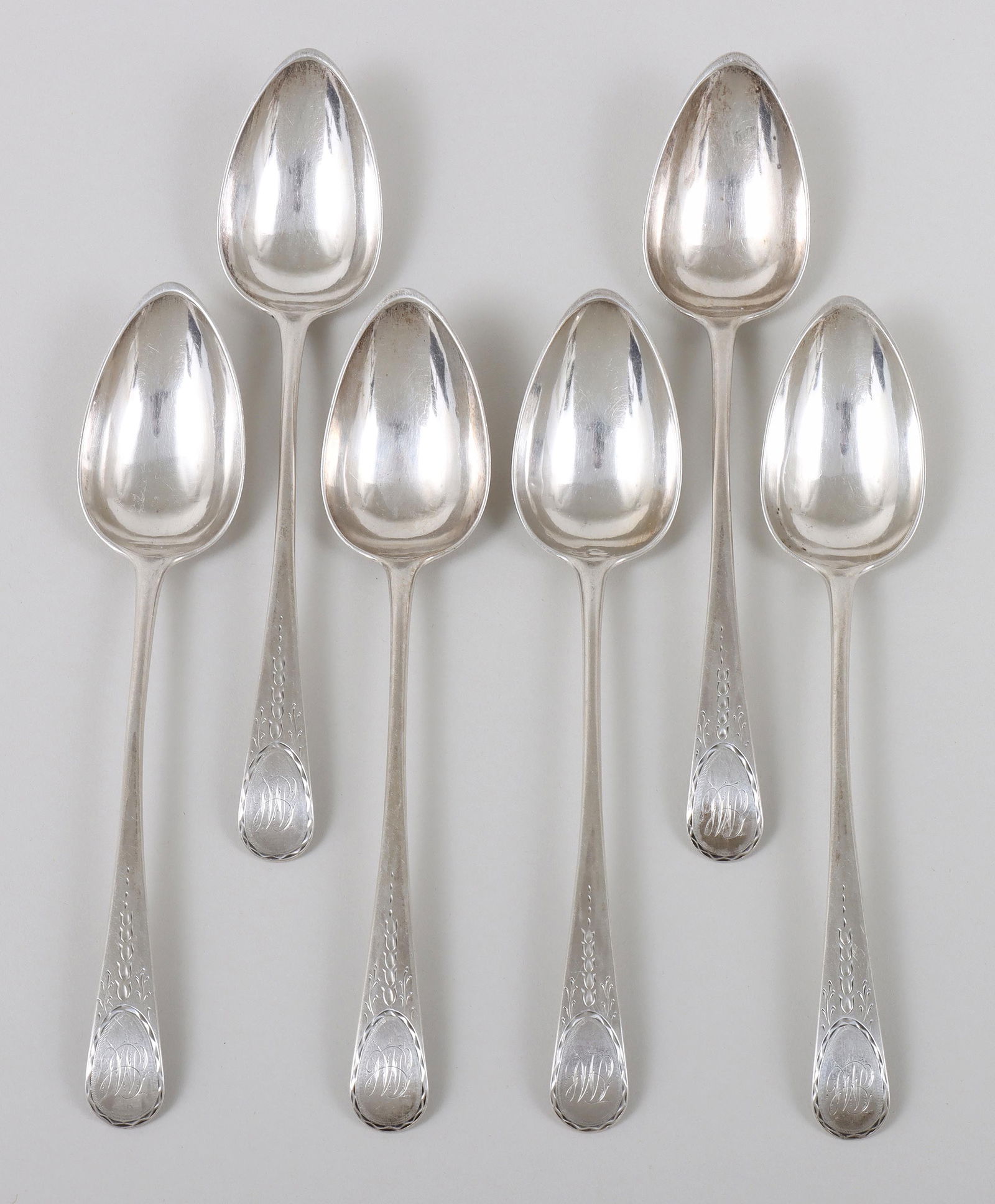 Set of (6) bright-cut dessert spoons, Isaac Hutton, Albany, NY, circa 1795-1800. (1 of 5)