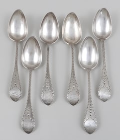 Set of (6) bright-cut American coin silver tablespoons, N. Kennedy, circa 1795.