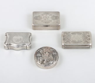 Group of (4) American silver snuff boxes.