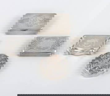 Group of (4) American silver snuff boxes.: Group of (4) American silver snuff boxes.To include: 19th century Gorham coin silver rectangular presentation snuff box with engine-turned design, engraved scrolled foliate borders, and gold-washed in
