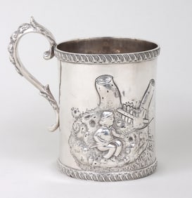 An unusual American coin silver mug decorated with children's nursery rhyme themes, unmarked, circa