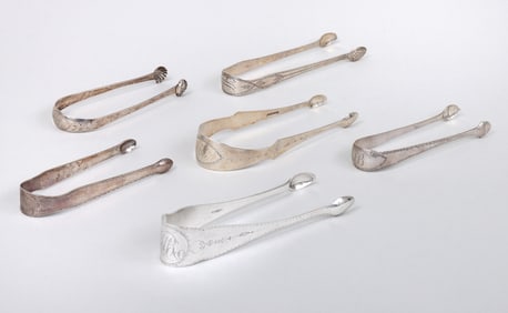 Group of (6) early American sugar tongs, various makers, circa 1790-1800.