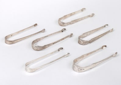 Group of (6) early American sugar tongs, various makers, circa 1790-1800.