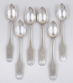 Set of (6) coin silver teaspoons, Jacob Schaffer, Washington, PA, circa 1810-15.