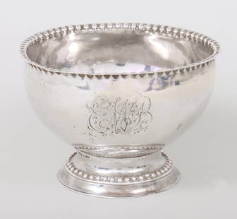 Tea service bowl, John Ewing, Lancaster, PA, circa 1785.: Tea service bowl, John Ewing, Lancaster, PA, circa 1785.Recessed circular foot with a deep round bowl. The base and rim with matched punch beaded decoration. Original flourished monogram engraved on s