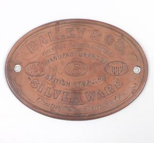 A scarce copper advertising plaque for Bailey & Co., Philadelphia, mid-19th century.