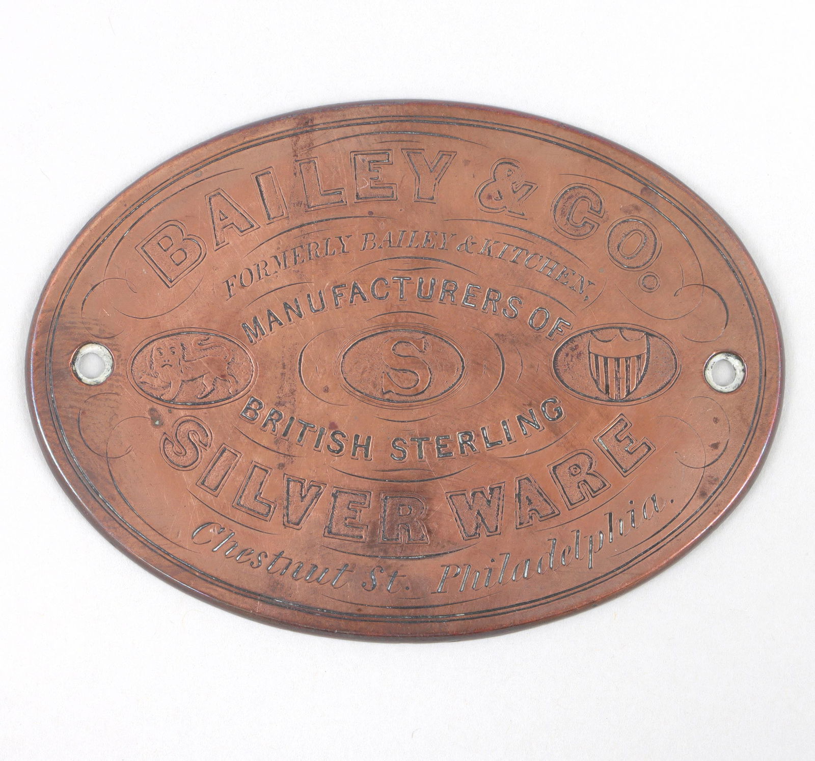 A scarce copper advertising plaque for Bailey & Co., Philadelphia, mid-19th century. (1 of 4)