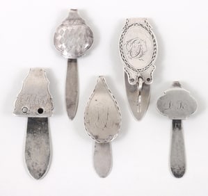 Group of (5) coin silver chatelaine hooks by Pennsylvania silversmiths, one unmarked, circa 1800.