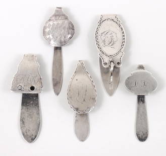 Group of (5) coin silver chatelaine hooks by Pennsylvania silversmiths, one unmarked, circa 1800.: Group of (5) coin silver chatelaine hooks by Pennsylvania silversmiths, one unmarked, circa 1800.Of typical shapes with long tongues. All with engraved period monograms. Three with pierced holes for c