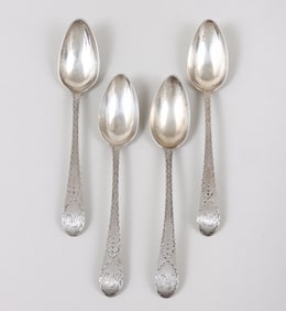 Group of (4) bright-cut bird-back teaspoons, John Myers, Philadelphia, circa 1790.