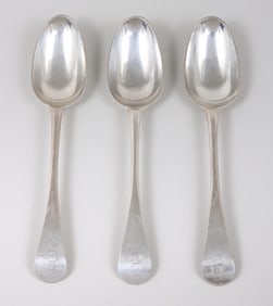 Group of (3) rare scrollback tablespoons, John Leacock, Philadelphia, circa 1770-75.